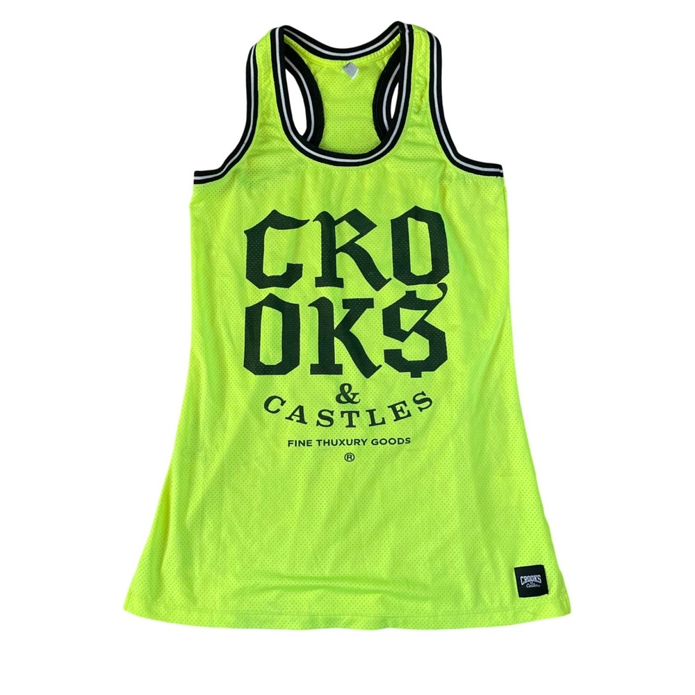 Crooks & Castles TROUBLE 13 Neon Green Black Jersey Tank Top Shirt Mesh Athletic